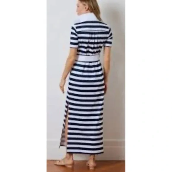 Dudley Stephens Madaket Maxi in Navy Cabana Stripe Sz S Belted Polo Collar Luxe - Picture 11 of 13